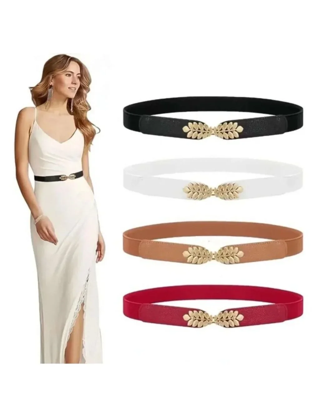 Elegant Elastic Belt With Gold Leaf Buckle Decoration Set of 4 - Black White Red